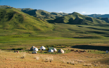Beautiful yurt camps. A yurt settling in the Tian Shan mountains at Song Kul lake in Kyrgyzstan