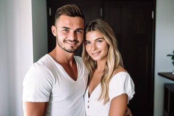 Naklejka premium shot of a young couple posing against a wall in their home