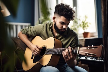 shot of a young man playing on his guitar at home
