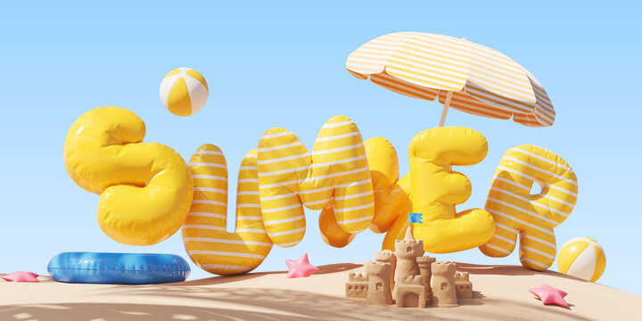 Lettering summer from yellow beach balls and beach accessories. Vacation and travel concept. 3d rendering