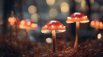 Up close macro of red mushrooms growing in forest, beautiful bokeh background blur, shallow depth of field, fungi in nature, organic plants, poisonous - generative AI