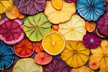 Fototapeta na wymiar dehydrated fruit slices arranged in a colorful pattern