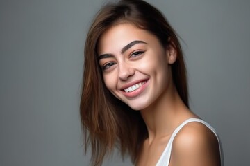 face portrait, smile and woman in studio with happiness model