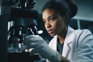 shot of a young scientist using a microscope in her lab