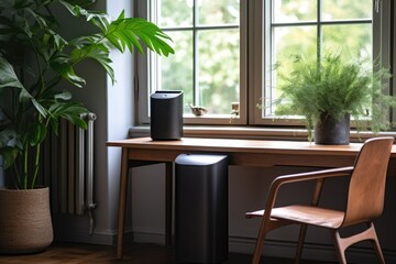 air purifier on desk in minimalist home office