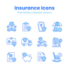 Get your hold on this eye catching insurance icons set, modern design style, easy to use and download,
