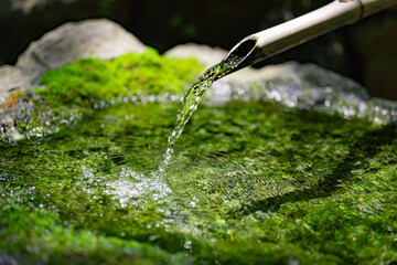 A Japanese Bamboo Water Fountain Shishi-Odoshi in Zen Garden