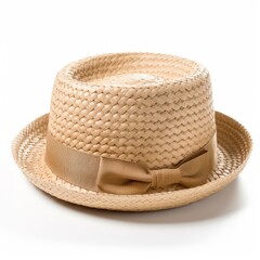 Cream color straw fedora hat isolated on white background