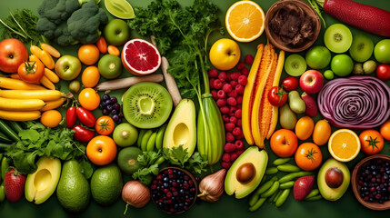 Panoramic food background with assortment of fresh organic fruits and vegetables in rainbow colors 