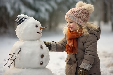 Joyful Snowman Playtime: Kids Embracing Winter Wonder. Generative Ai. No real person.