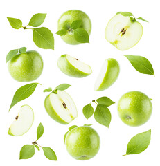 Juicy green apples and green leaves, rich collection - whole, half and quarter, different sides, fly, levitation as patten, isolated on white background. Summer fresh natural fruits, design elements.