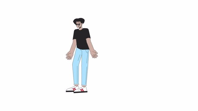 Latino man clumsy falling down line 2D character animation. Sunglasses guy falls flat color cartoon 4K video, alpha channel. Hispanic young adult man slipped animated person on white background