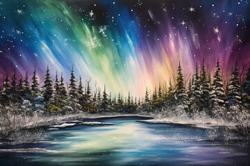 A magical winter wonderland with snow-covered trees, a frozen lake, and the Northern Lights dancing across the sky, creating a breathtaking scene of natural beauty and mystique, Artwork, using mixed.