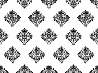Damask digital paper seamless floral pattern. Black Flowers on a white background. Luxury Royal Wallpaper.