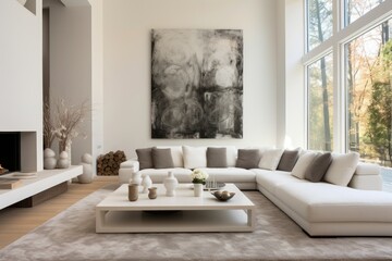 Modern living room interior design concept. Digital illustration made with generative AI.