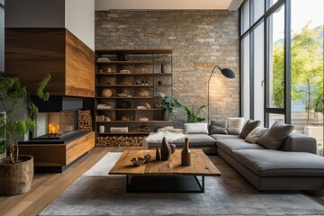 Obraz premium Modern living room interior design concept. Digital illustration made with generative AI.