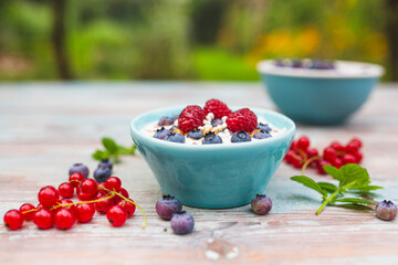 Yogurt with granola and fresh berries on the garden table