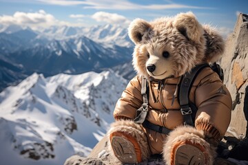 Teddy bear on an open cable car in the mountains. Winter family vacantion. Christmas celebration and winter holidays. Winter fun and outdoor activities with kids