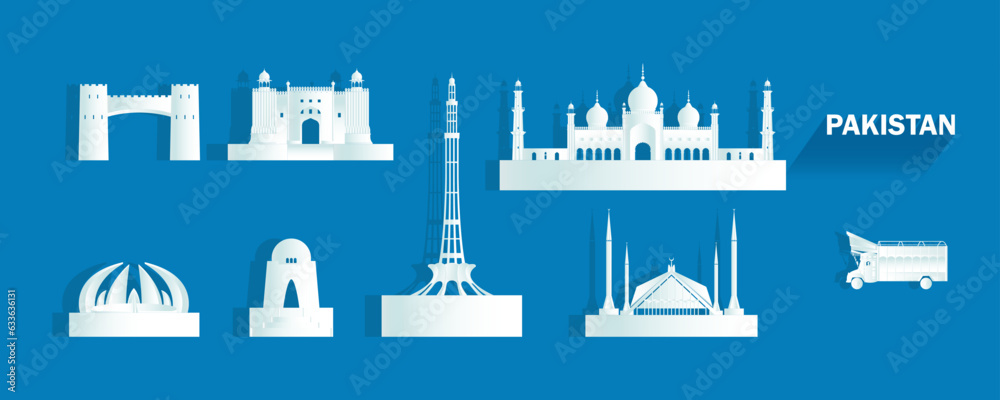 Wall mural pakistan isolated architecture icon set and symbol with tour asia.