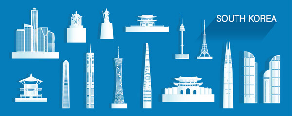 Travel landmarks South Korea with isolated silhouette architecture on blue background.