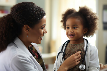 Medicine, healthcare and pediatry concept - doctor with stethoscope listening to african american baby boy or girl on medical exam at clinic