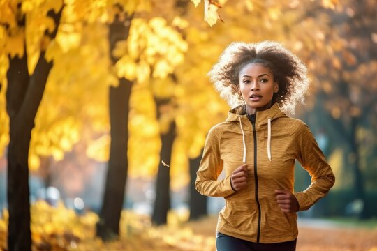 Activities for Happy Fall, Improve Yourself, Ways To Be Happy And Healthy autumn. Black african american woman running in autumn park