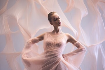 Fototapeta premium a graceful French ballerina in a minimalist leotard, within a palette of soft pastel pinks, emphasizing her lithe form, blush and rose hues, with a mix of fluid balletic movements