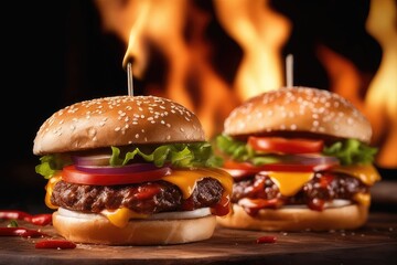 hamburger with fire on a black background