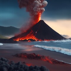 volcano erupting on the beach illustration