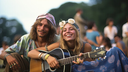 Hippies in the 60's at a music festival