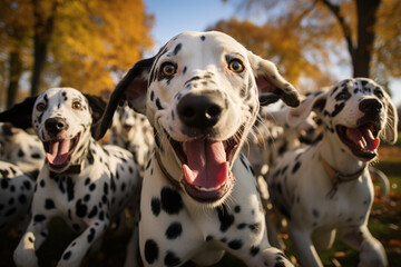 Cute funny dalmatian dogs group running and playing on green grass in park in autum