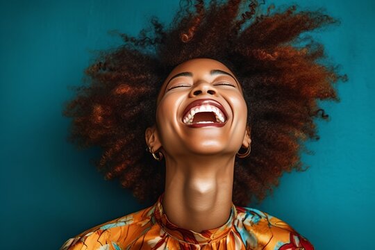 Vintage Vibes: Friends Laughing and Smiling Against Blue Background. Black Arts Movement Influence with Colorful, Eye-Catching Composition. Light Indigo and Amber Tones. High-Angle Capture