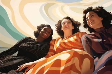 Foto op Plexiglas four women pose in a beach, in the style of bold curves, low-angle, joyful and optimistic, multicultural, close up © AI_images