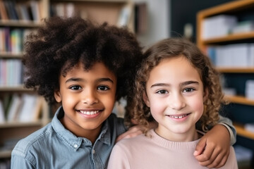 Obraz premium Happy diverse junior school students children group looking at camera standing in classroom. Smiling multiethnic cool kids boys and girls friends posing for group portrait together