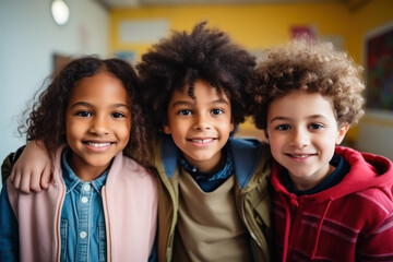 Happy diverse junior school students children group looking at camera standing in classroom. Smiling multiethnic cool kids boys and girls friends posing for group portrait together