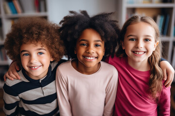 Happy diverse junior school students children group looking at camera standing in classroom. Smiling multiethnic cool kids boys and girls friends posing for group portrait together