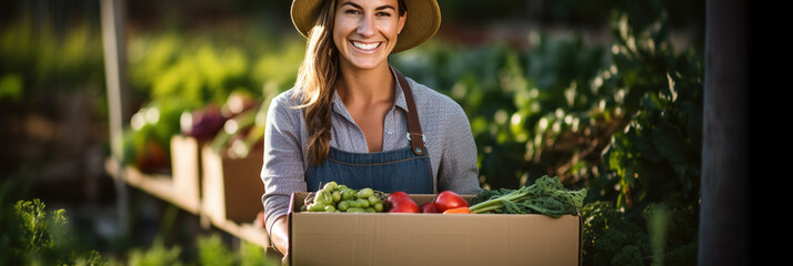 Happy female farmer holding a box with fresh produce