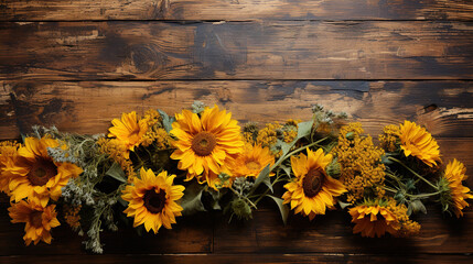 copy space sunflowers on wooden board