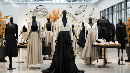 fashion show at a clothing store, in the style of light white and dark black, sparse and simple