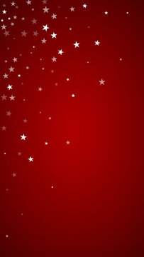 Magic falling snow christmas background. Subtle flying snow flakes and stars on christmas red background. Magic falling snow holiday scenery.   Vertical vector illustration.