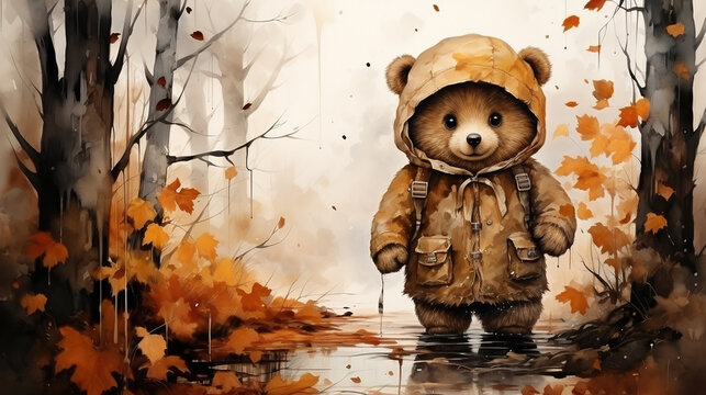 Cute Bear Brings Umbrella At Garden With Autumn Leaves Painted In Watercolor On A White Isolated Background