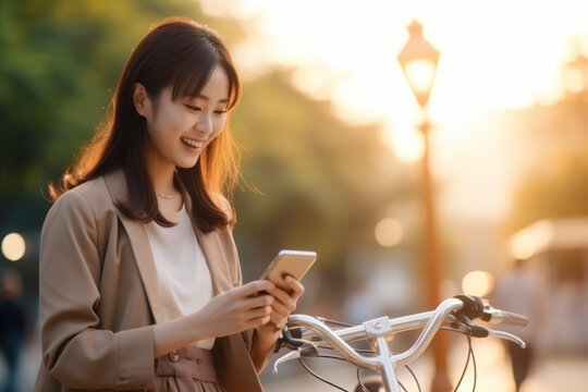 Asian business woman holding smartphone using bike rental digital phone app scanning qr code to rent electric bicycle in city public eco transport mobile application standing on urban park on sunset