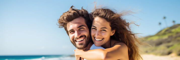 Couple enjoys a piggyback ride at the beach in summer