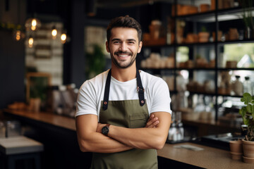 Barista in apron looking at camera and smiling - obrazy, fototapety, plakaty