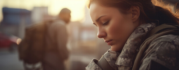 Courageous female soldier returning home from the army