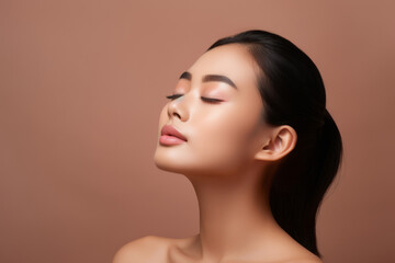 Beautiful sensual sexy young Asian ethnic woman model posing profile side face touching chin on...