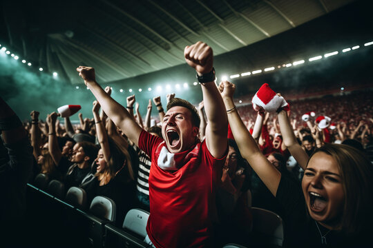 Crowd of sports fans cheering during a match in a stadium - people excited cheering for their favorite sports team to win the game