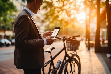 business man holding smartphone using bike rental digital phone app scanning qr code to rent electric bicycle in city - Powered by Adobe