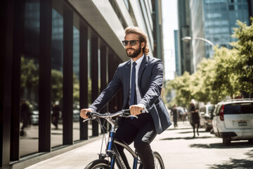 Fototapeta na wymiar Business man riding a bike to work in the city