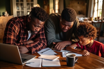 Fototapeta premium Caring Black dad hugging teenage son helping school